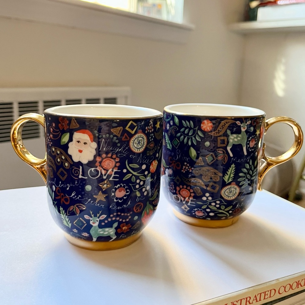 Danielle Kroll Anthropologie Christmas Ceramic Mugs Set of Two